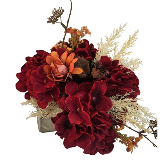 Artificial Fall Floral Bouquet Burgundy Hydrangeas & Orange Sunflowers | Rustic - Picture 5 of 15